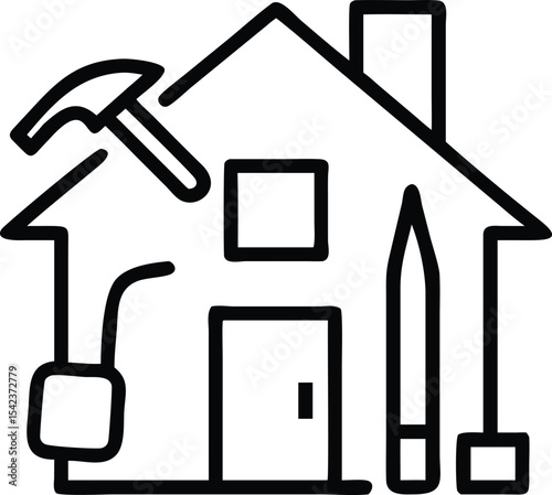 This vector illustration features a home repair icon with house, tools, and construction elements, ideal for real estate or business web design concepts