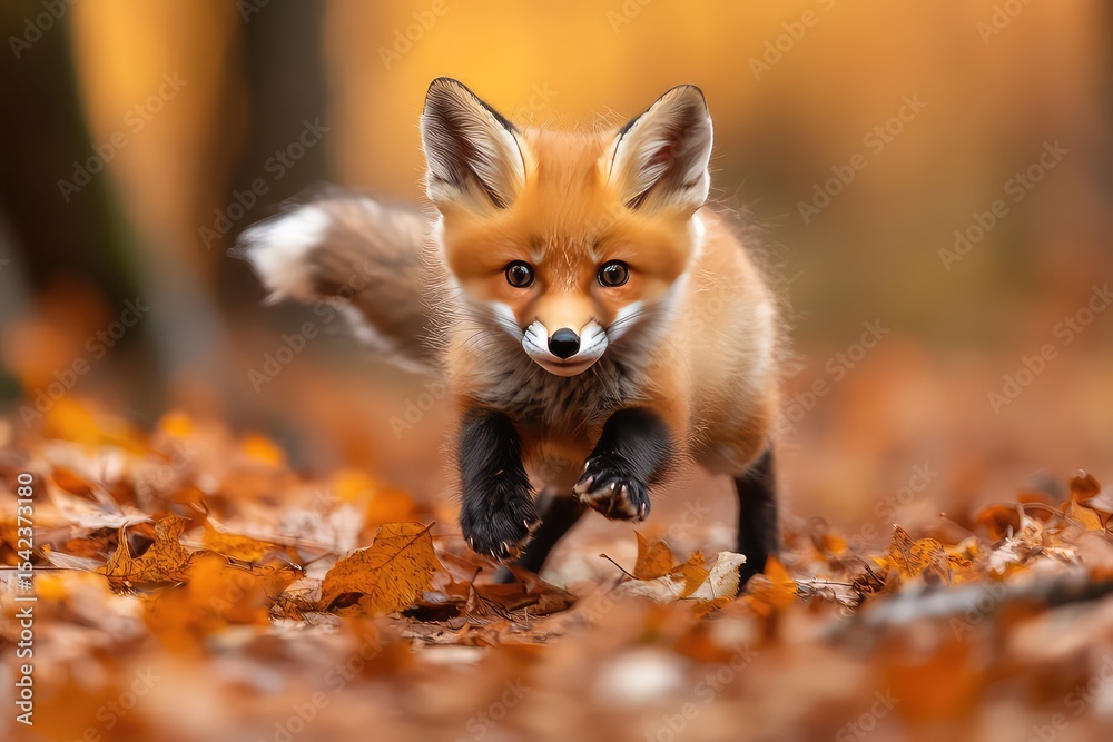 Obraz premium Fox kit pouncing on leaf in autumn forest, clean photography, high detailed