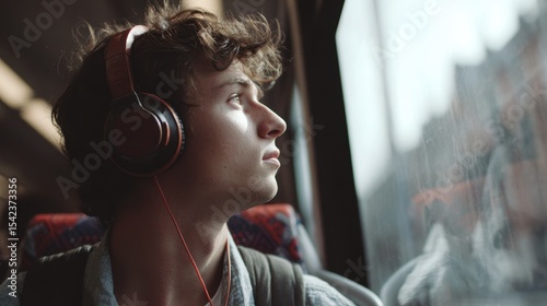 A young person with headphones stares out a window during a bus ride, lost in thought and enjoying the sights and sounds of the journey.