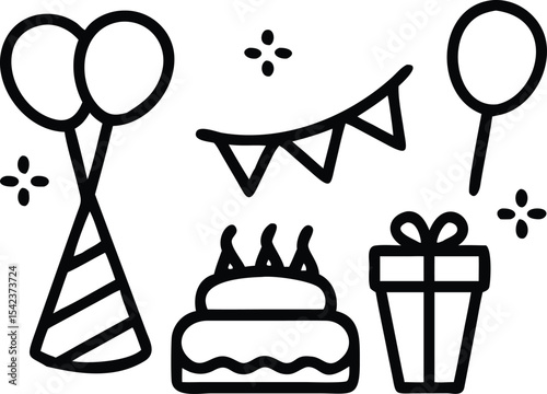 Birthday cake and party icons vector illustration set with holiday celebration design elements