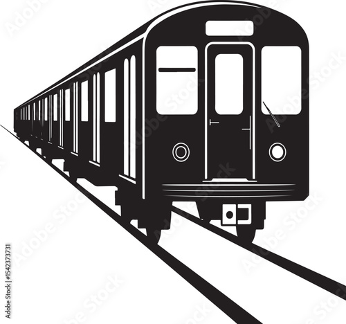 Black and white silhouette of a subway train on tracks