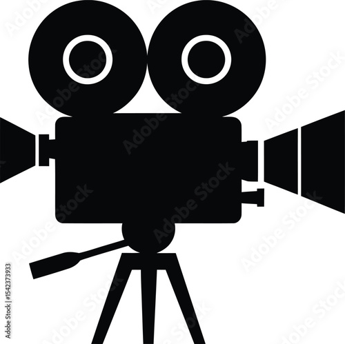 Vector Vintage Film Camera on Tripod, Old Fashioned Movie Production Equipment.