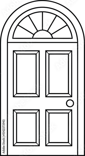 Vector Arched Door Outline, Classic Entrance with Fanlight and Panels.