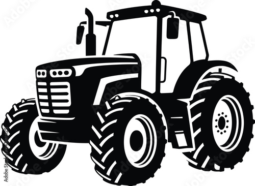 Vector Black and White Tractor Silhouette, Farm Vehicle for Agriculture.