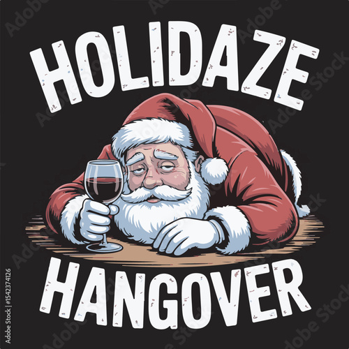 Tired Santa Claus with Red Suit White Beard Holding Wine Glass Holiday Hangover Illustration