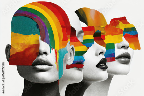 Diverse abstract portrait of people in paper collage style with pride flag colors