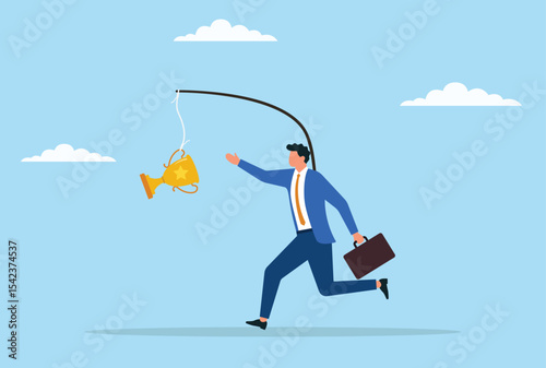 Vector illustration of a determined businessman running to catch a trophy hanging in front of him, representing ambition, drive, and the pursuit of success and achievement
