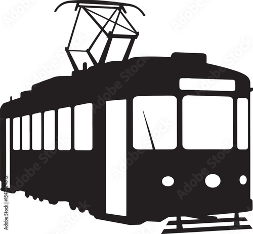 Black silhouette of a vintage electric tram