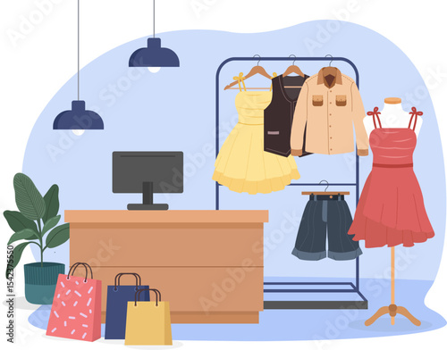 Online shopping banner with dresses, jackets, shorts, and shopping bags in cartoon style. For fashion sales, clothing promotions, and digital retail themes.