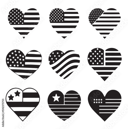 patriotic heart icons with american flags