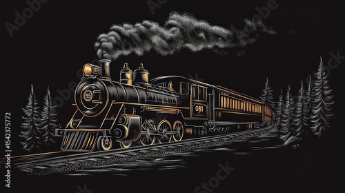 Vintage steam train locomotive with passenger cars on a dark night.