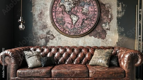 Vintage Leather Sofa and Antique World Map in a Rustic Interior
