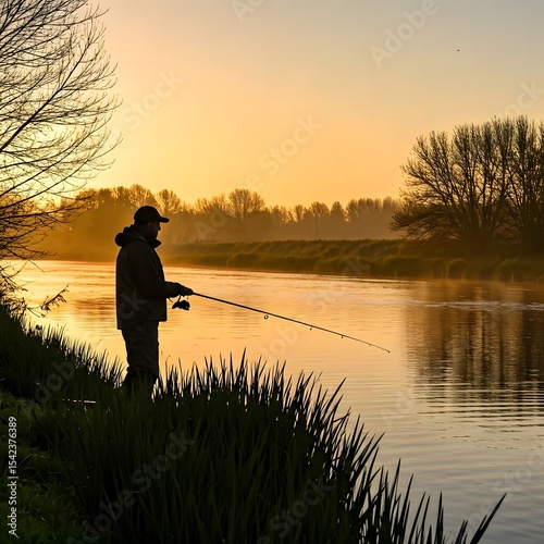 An angler fishes on a quiet river at dawn.jpg