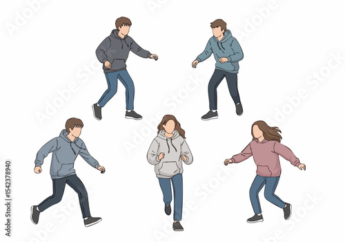 Minimalist Lineart Diverse People in Hoodies Running Illustration on White Background