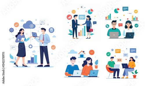 Illustration of business data transfer ideas. Flat style design set