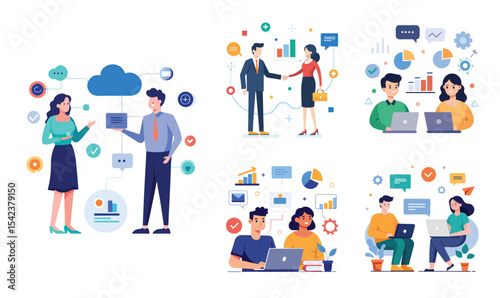 Illustration of business data transfer ideas. Flat style design set