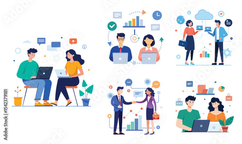 Illustration of business data transfer ideas. Flat style design set