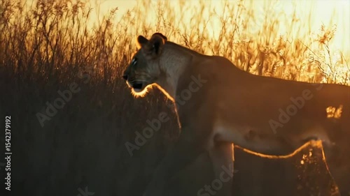Golden hour lioness strides through tall savanna grass
