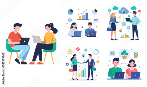 Illustration of business data transfer ideas. Flat style design set