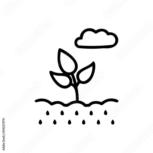 Black Line Art Illustration of a Sprout Growing from Soil with Rain Drops and a Cloud Above
