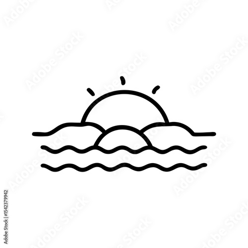 Simple Line Drawing of a Sunset Over Wavy Ocean Waves Black Ink Handmade Environment Illustration