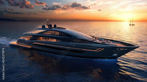 Sleek luxury yacht cruising at sunset, ocean backdrop
