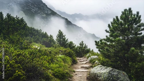 Misty mountain path winds through lush greenery
