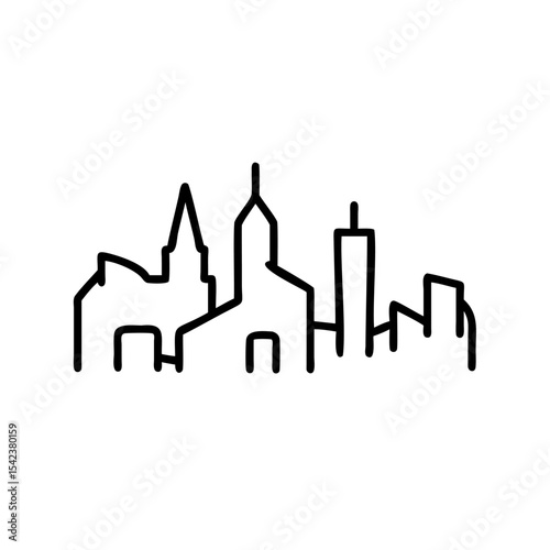 Black Line Drawing Cityscape Simple Hand Drawn Urban Sketch Minimalist Building Illustration Handmade Environment