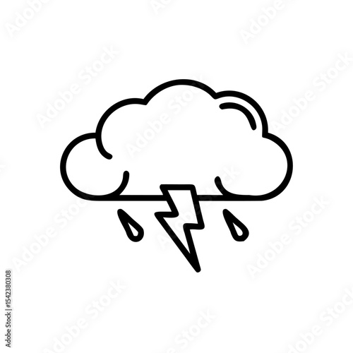 Black Line Drawing Storm Cloud Rain Lightning Weather Icon Handmade Environment Graphic
