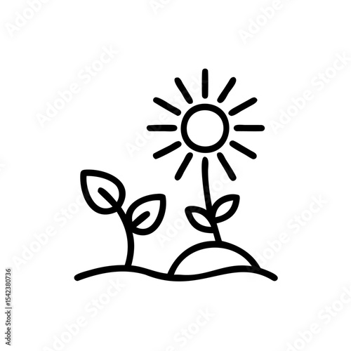 Black Line Drawing Sun Shining On Two Small Plants Growing From Ground Handmade Environment Icon