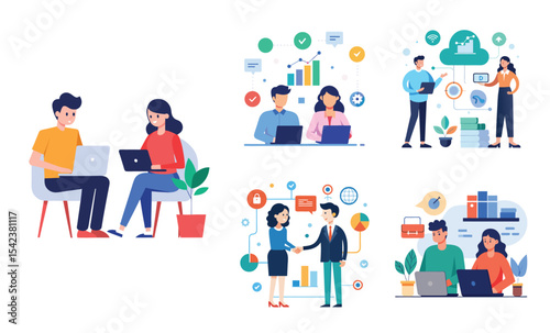 Illustration of business data transfer ideas. Flat style design set