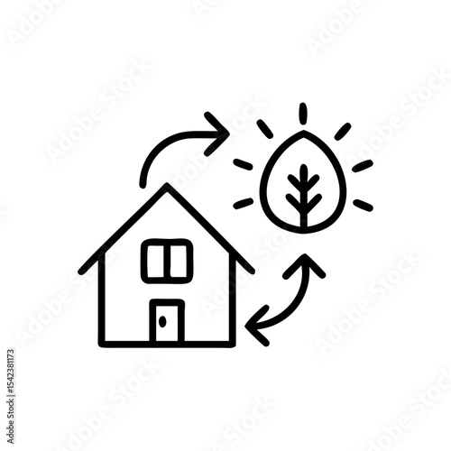 Black Line Drawing House Leaf Sunlight Arrows Renewable Energy Home Eco Friendly Environment Handmade Illustration