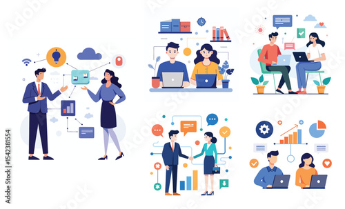 Illustration of business data transfer ideas. Flat style design set