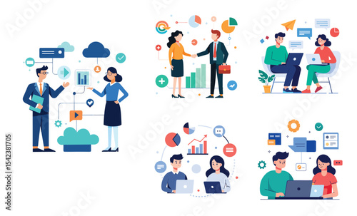 Illustration of business data transfer ideas. Flat style design set