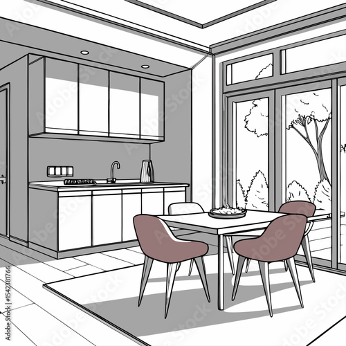 Modern Kitchen and Dining Interior Vector | Home Interior Design Illustration

