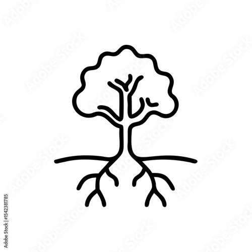 Black Line Art Illustration of a Tree with Roots Growing from the Ground Simple Handmade Environmental Icon