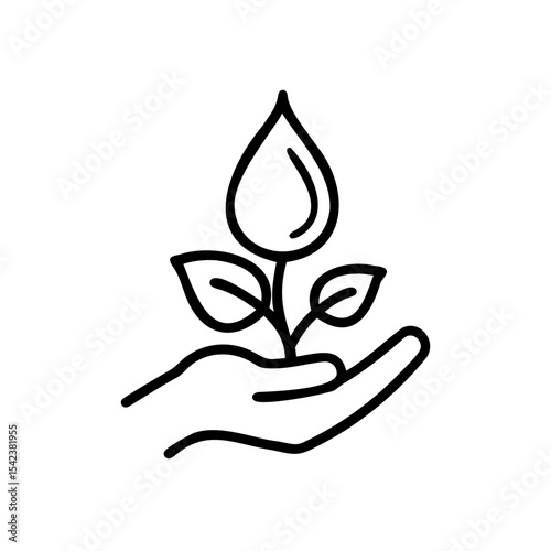 Hand Holding Sprout Plant with Water Drop Line Art Icon Environmental Conservation Symbol