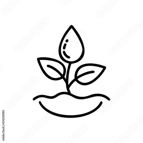 Black Line Art Illustration of a Small Plant Growing from Soil with a Water Droplet Above It Representing