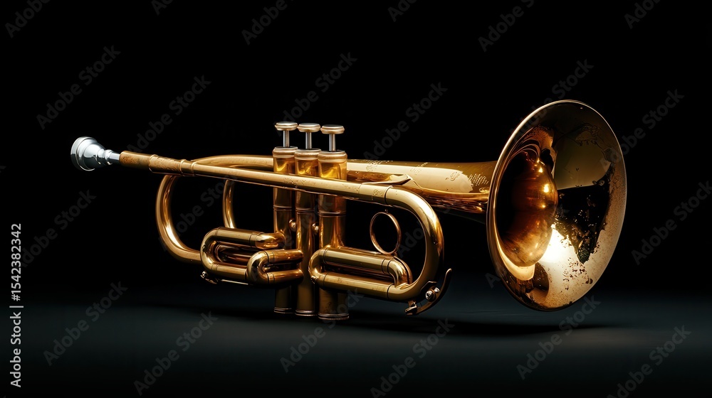Obraz premium This gleaming trumpet stands out against a dark backdrop, representing musical creativity, artistry, and passion, perfect for musicians and enthusiasts alike.