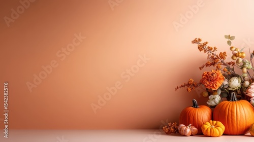 A beautiful display of pumpkins surrounded by vibrant seasonal flowers, showcasing the warmth and color of autumn, perfect for fall-themed artwork and decorations.