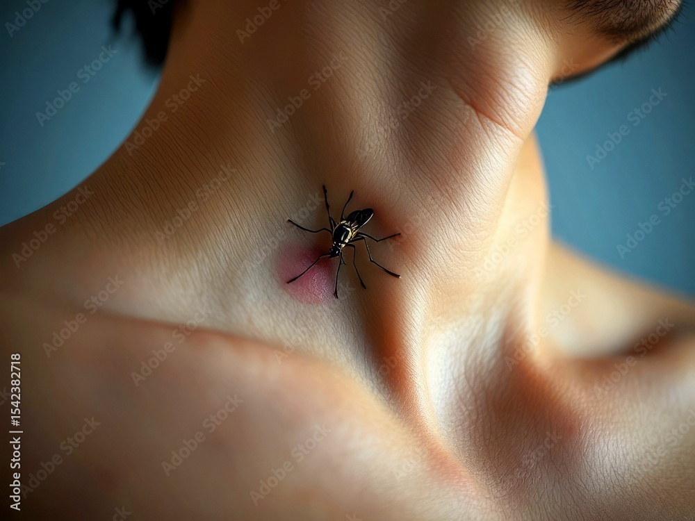 Obraz premium Close-up of a mosquito on a human neck with a visible bite mark
