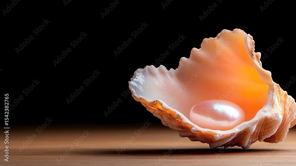 An exquisite sea shell cradling a lustrous pearl embodies elegance and natural beauty, ideal for thematic explorations of nature, luxury, and artistry.