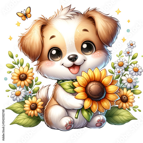 Playful Pup and Sunny Blooms: An adorable pup, with sparkling eyes, joyfully cradles a sunflower amidst a charming floral arrangement.