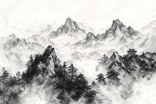 Artistic Illustration of Rocky Mountains with Pine Trees and Vignetting in Monochrome Sketch Style