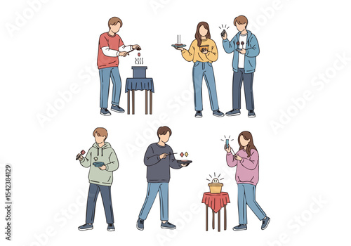 Minimalist Lineart People Performing Magic Trick Illusion Entertainment Set