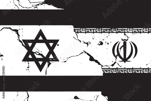 Divided Nations: A conceptual depiction of fractured relations, symbolized through the cracked flags of two nations in a stark black-and-white composition. Illustrating the concepts of division.