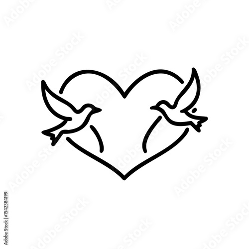 Two Birds Flying Around a Black Outline Heart Shape Simple Line Art Graphic Design