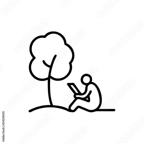 Simple Line Drawing Person Sitting Under Tree Using Tablet Device Outdoors Nature Scene