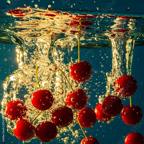 Dynamic shot of fresh, red cherries falling into water against a uniform blue background.
