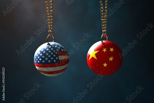 Usa and china flag spheres on chains symbolizing global tension